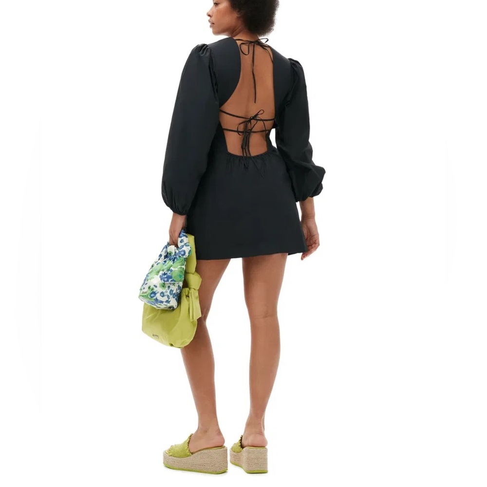 New GANNI Cotton Poplin Open Back Long Sleeve Puff Sleeve Mini Dress LBD